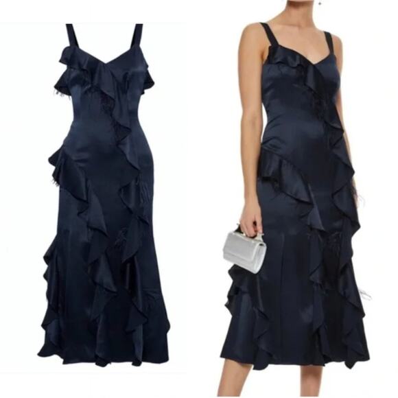Cinq a Sept Gigi Navy Ruffle Feather Silk Satin Midi Dress - Picture 1 of 10